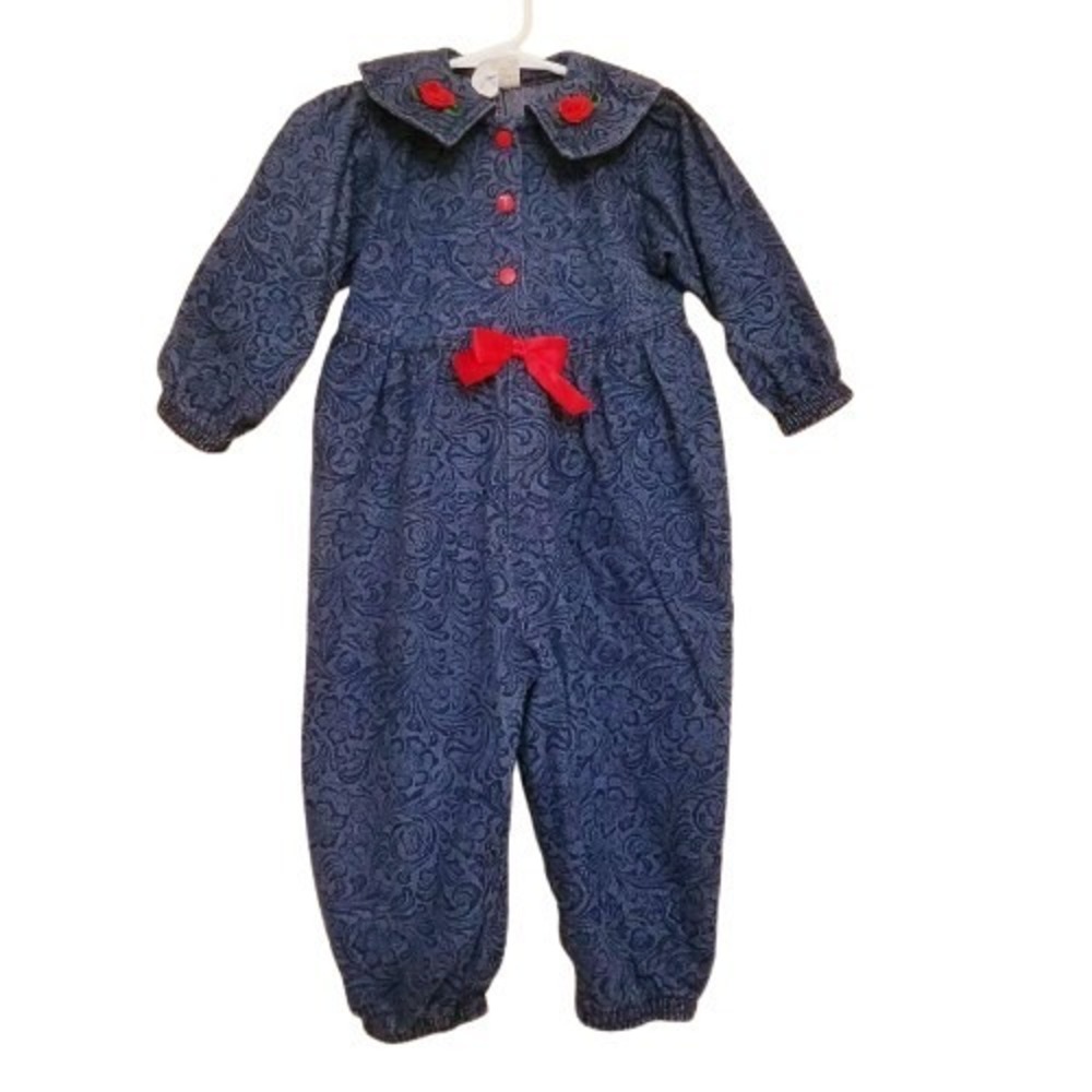 Vtg Toddler Girl's Blue Floral Denim Romper Jumper 24 Mos Red Ribbon‎ Roses USA